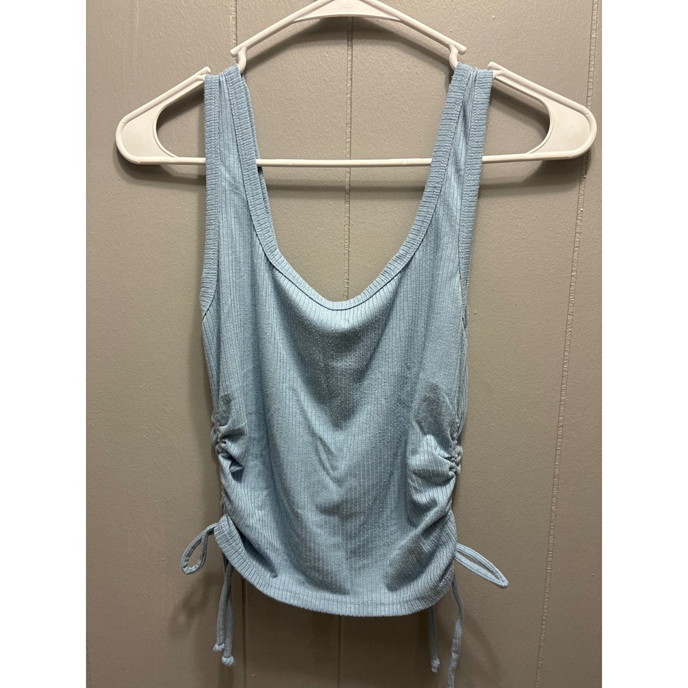 Light Blue Ribbed Side Cinch Drawstring Tank Top Large Sleeveless Scoop Neck